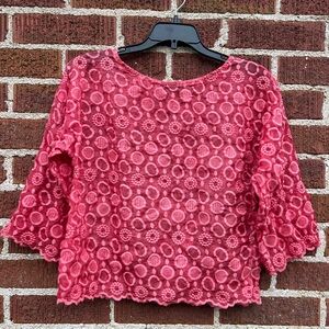 Sheer Cosmo Embroidered Top Coral Color Scalloped Hem Size Medium